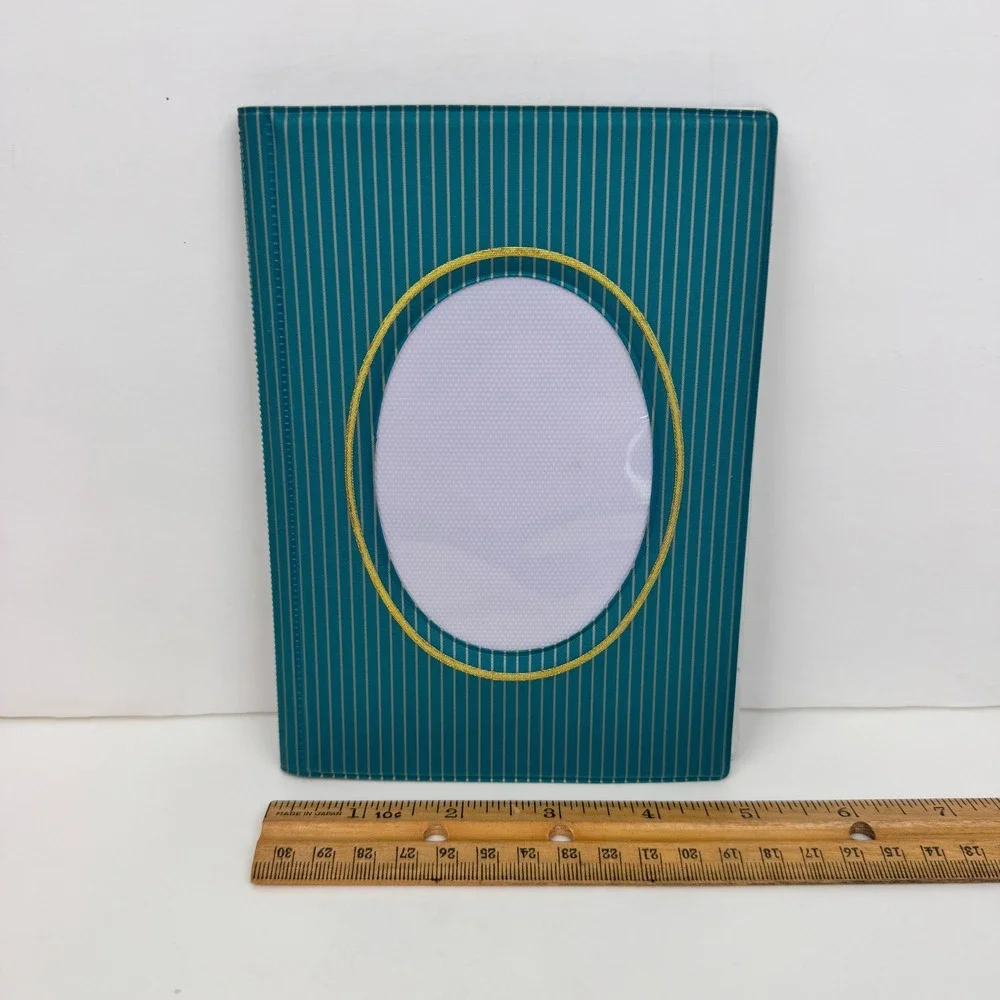 Vtg Photo Picture Album Teal Silver Pinstripes w Gold Accent Oval Open on Cover